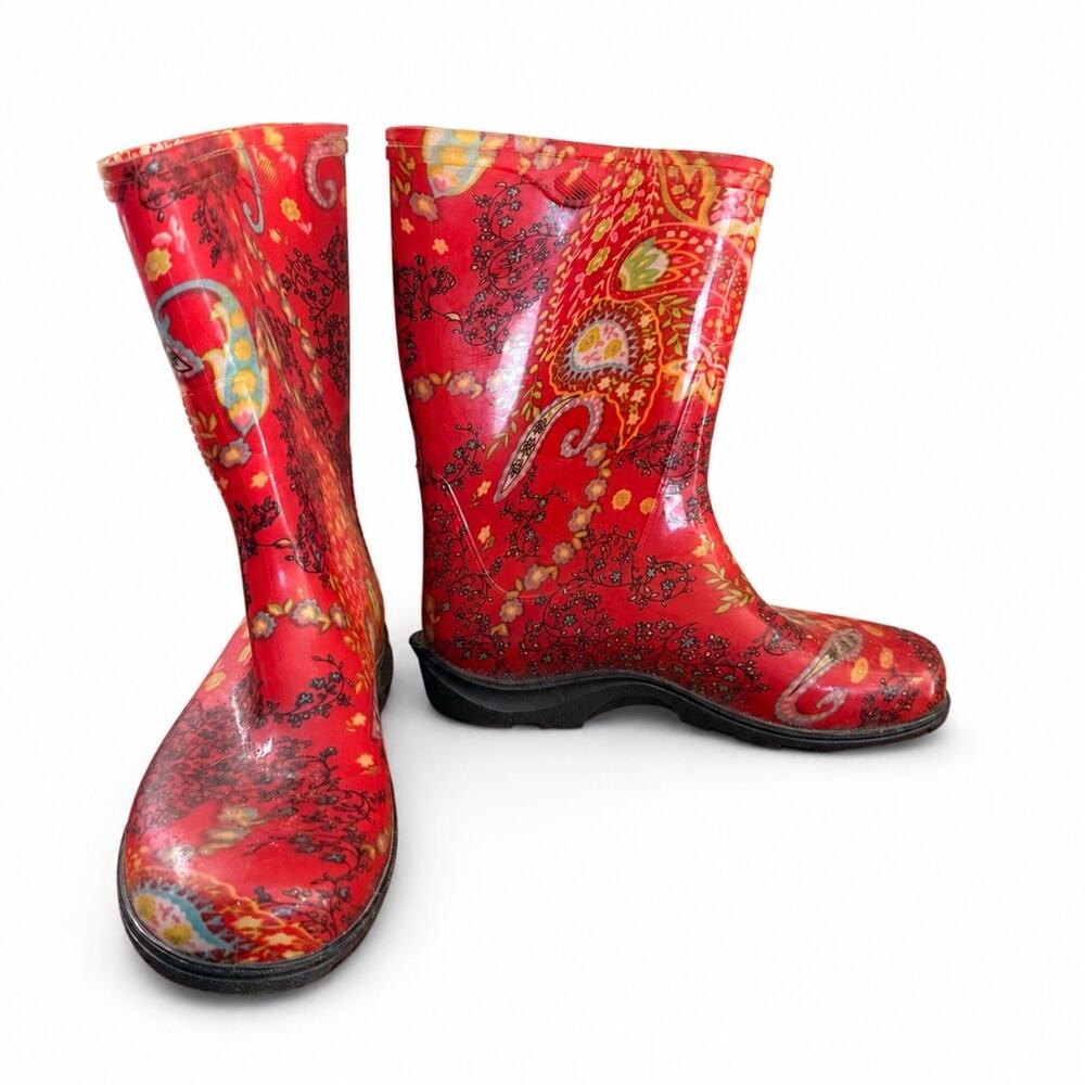 Sloggers Womens 8 Red Paisley Floral Waterproof Rain Garden Boots Made in USA
